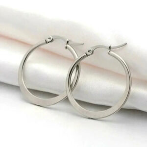 Surgical Stainless Steel Bladed Round 32x30mm Silver Hoop Earrings